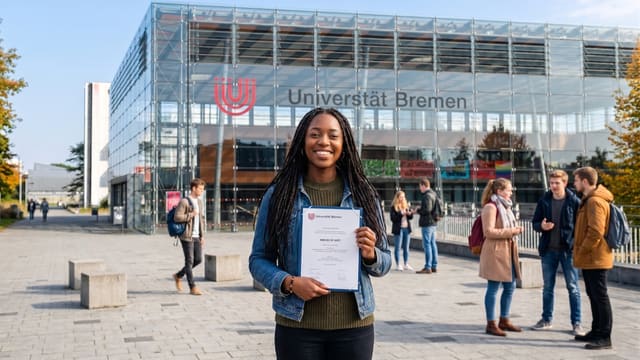 A proud graduate holding her Master of Arts degree in front of the University of Bremen