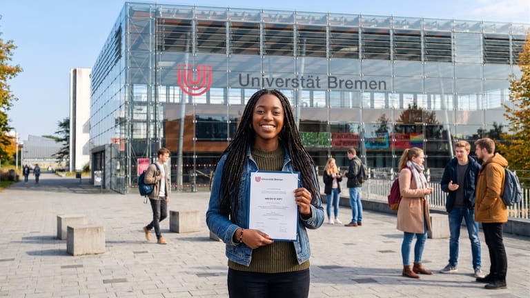 A proud graduate holding her Master of Arts degree in front of the University of Bremen