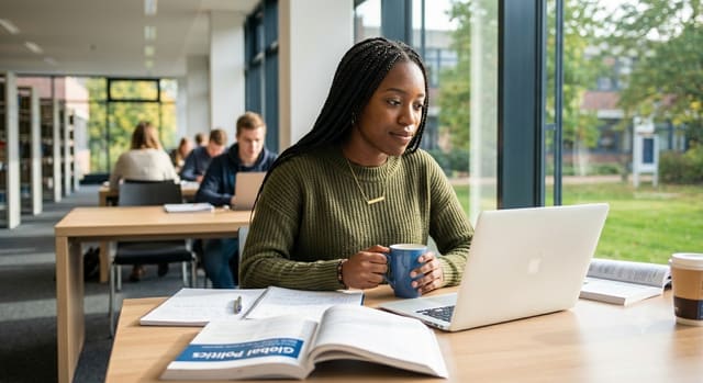 A student studying on a laptop in a bright university library