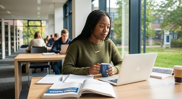 A student studying on a laptop in a bright university library