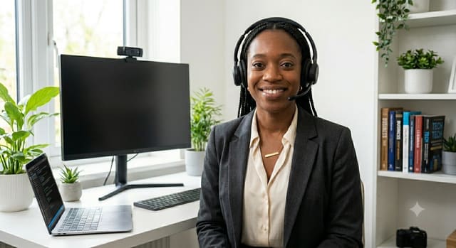 A friendly UniBridgeEurope advisor with a headset, ready to help on a video call