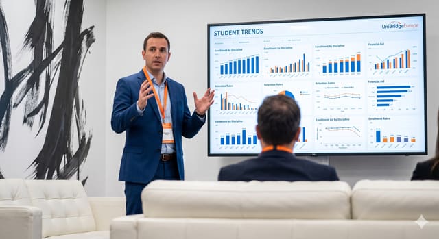 Analytics dashboard showing international student recruitment data, market demand and conversion metrics for a university
