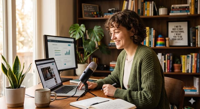 Marketer recording localised student-recruitment content at a laptop