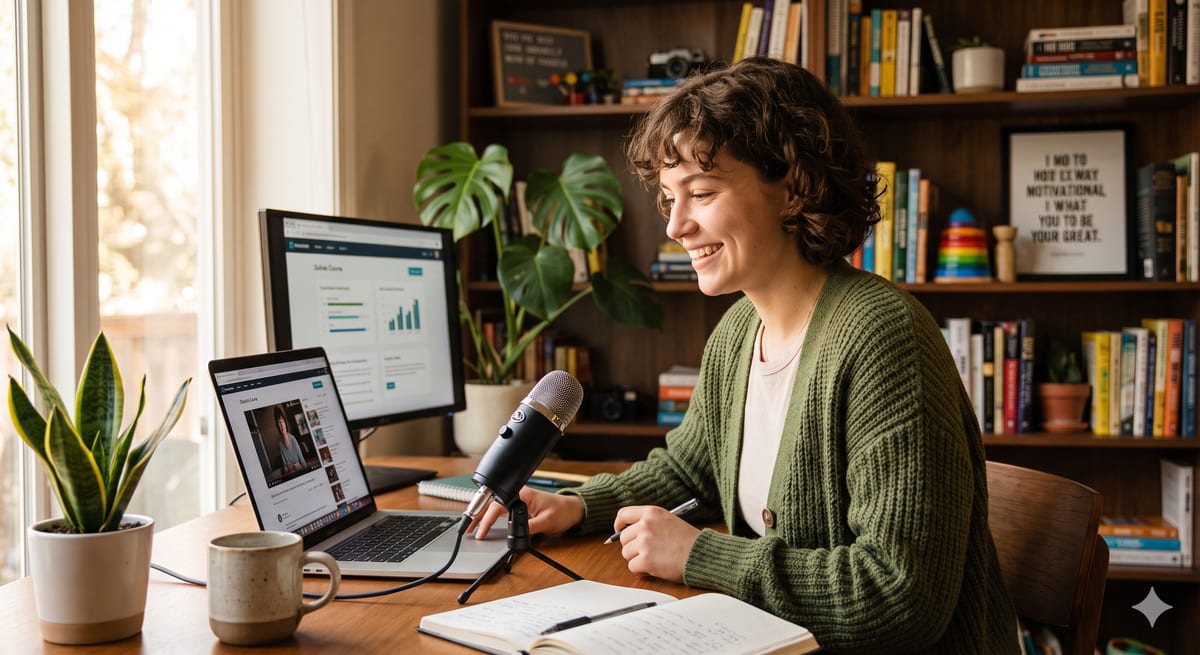 Marketer recording localised student-recruitment content at a laptop