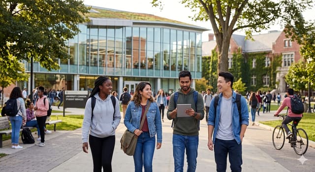 Prospective international students walking past a university student-services building