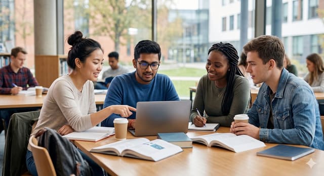 International students from Africa, Asia and Europe studying together with a laptop on a university campus