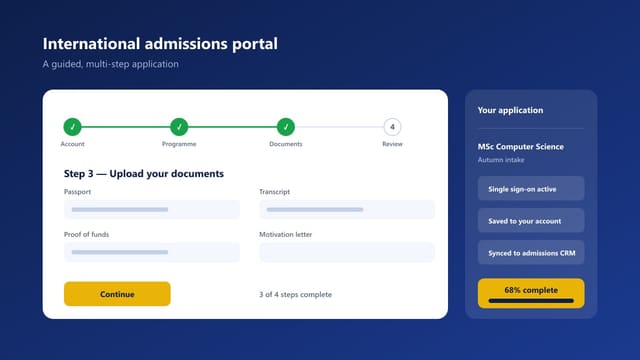 International applicant completing a multi-step university admissions portal on a laptop and phone